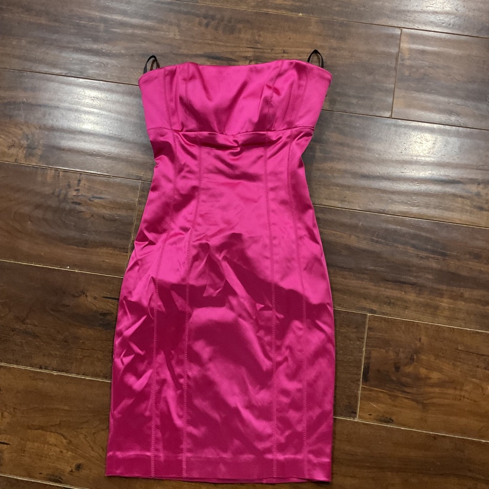 Bebe Magenta Pink Satin Strapless Corset Lace Up Bodycon Mini Dress XXS Y2K